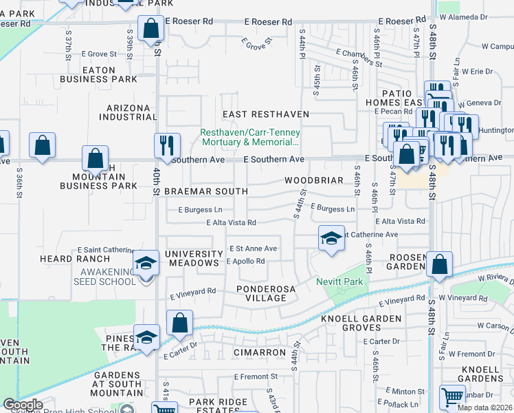 map of restaurants, bars, coffee shops, grocery stores, and more near 6226 South 43rd Street in Phoenix