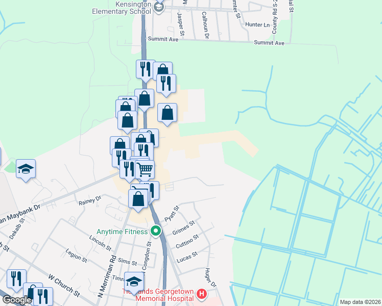 map of restaurants, bars, coffee shops, grocery stores, and more near 1700 Indigo Avenue in Georgetown