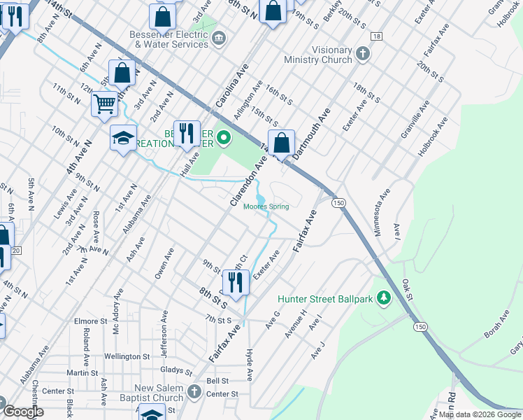 map of restaurants, bars, coffee shops, grocery stores, and more near 335 Longbrook Terrace in Bessemer
