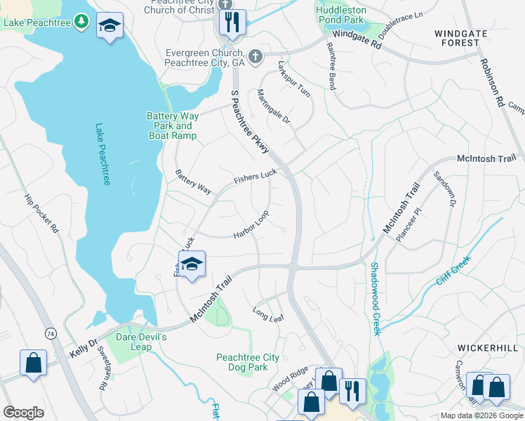 map of restaurants, bars, coffee shops, grocery stores, and more near 200 Lanyard Loop in Peachtree City