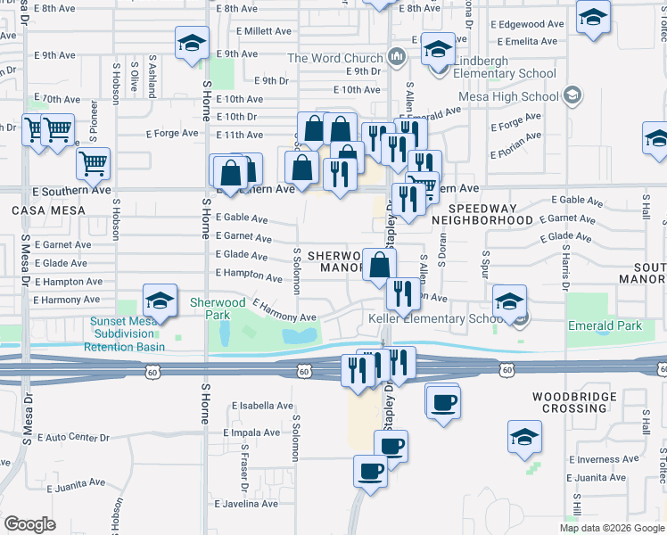 map of restaurants, bars, coffee shops, grocery stores, and more near 1040 East Hampton Avenue in Mesa