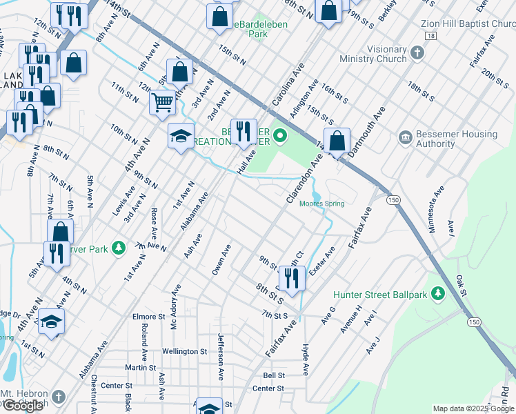 map of restaurants, bars, coffee shops, grocery stores, and more near 315 10th Street South in Bessemer