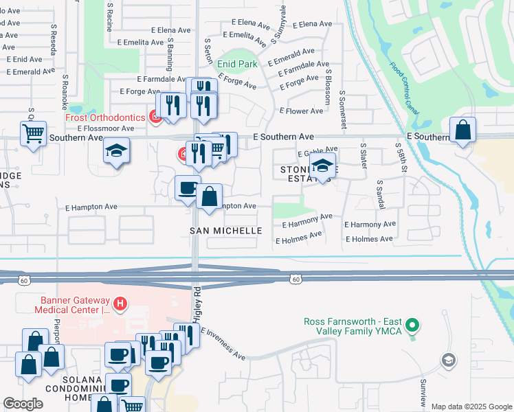 map of restaurants, bars, coffee shops, grocery stores, and more near 5227 East Hampton Avenue in Mesa