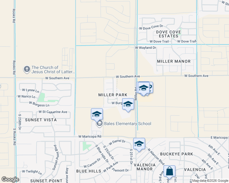 map of restaurants, bars, coffee shops, grocery stores, and more near 25266 West Nancy Lane in Buckeye