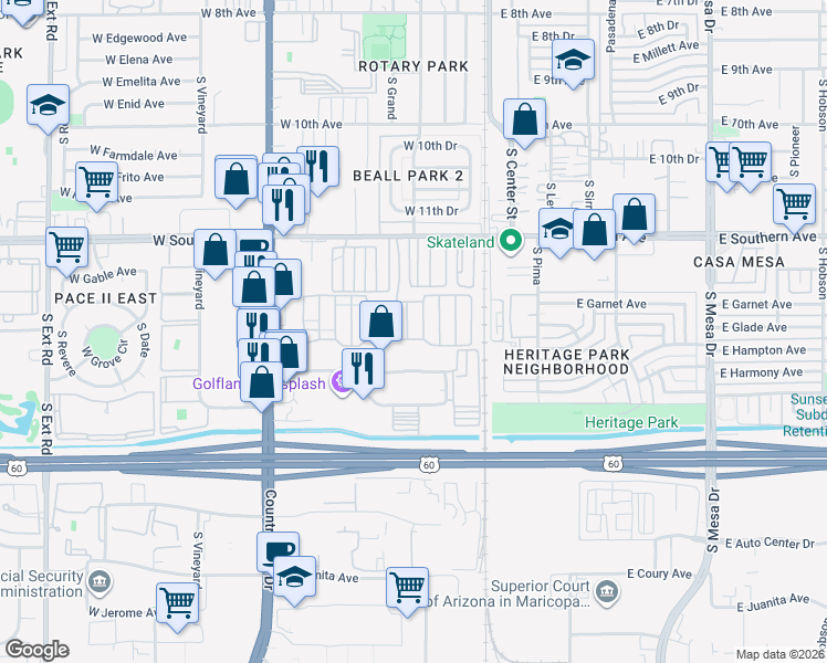 map of restaurants, bars, coffee shops, grocery stores, and more near 100 West Hoover Avenue in Mesa