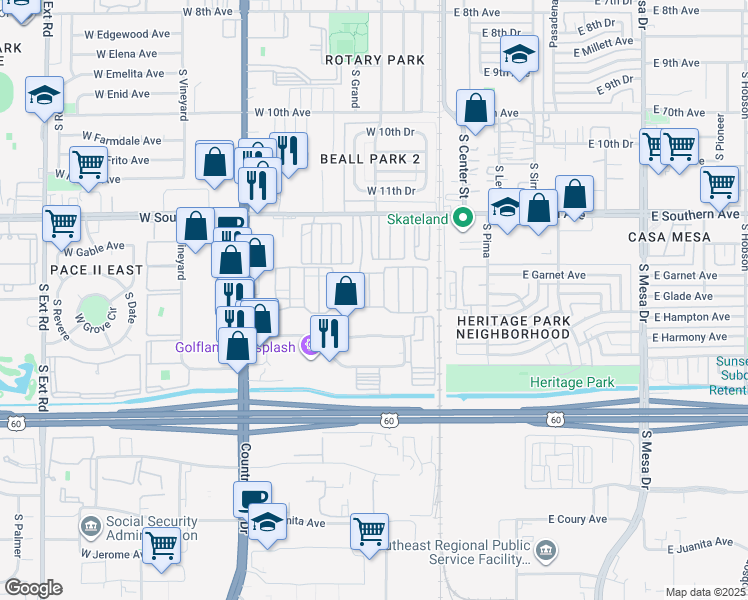 map of restaurants, bars, coffee shops, grocery stores, and more near 100 West Hoover Avenue in Mesa