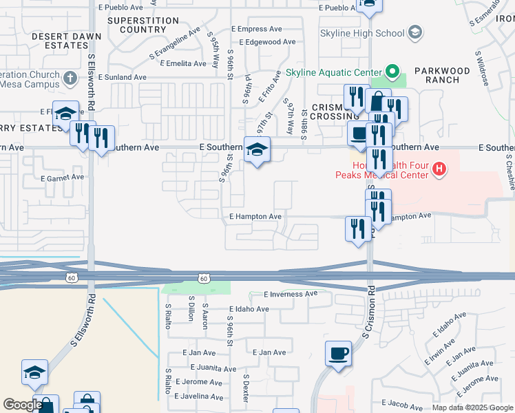 map of restaurants, bars, coffee shops, grocery stores, and more near 9652 East Hampton Avenue in Mesa
