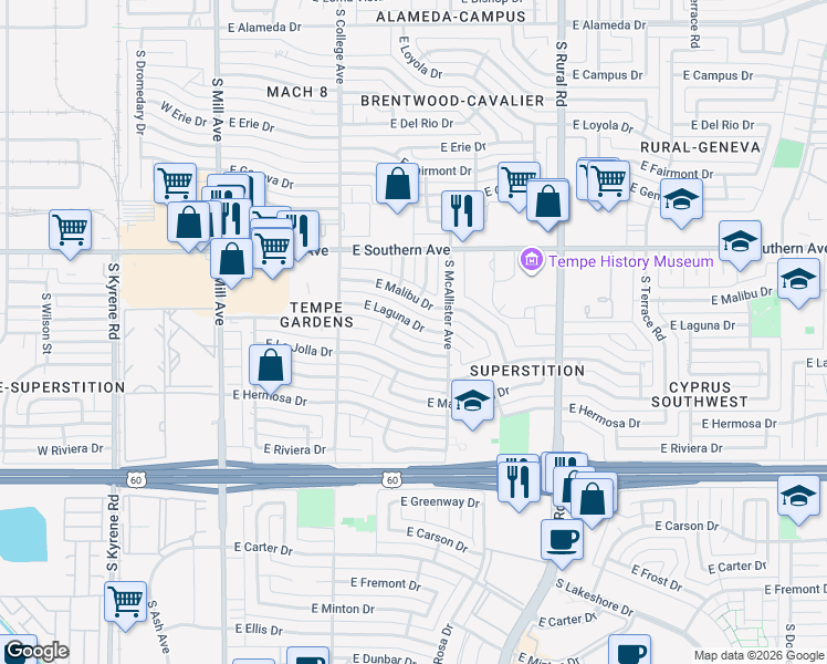 map of restaurants, bars, coffee shops, grocery stores, and more near 531 East Laguna Drive in Tempe