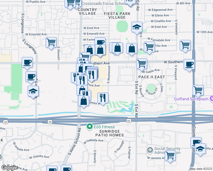 map of restaurants, bars, coffee shops, grocery stores, and more near 1010 West Grove Avenue in Mesa
