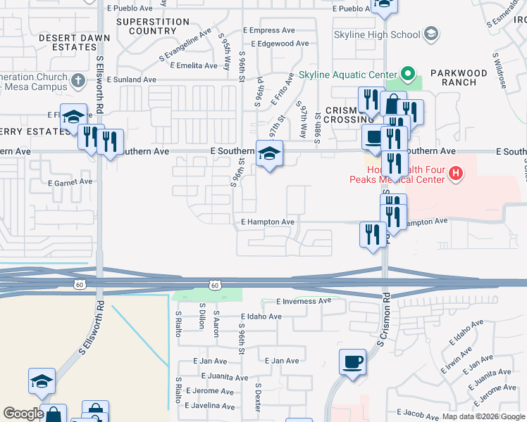 map of restaurants, bars, coffee shops, grocery stores, and more near 9652 East Hampton Avenue in Mesa