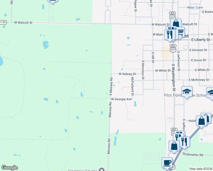 map of restaurants, bars, coffee shops, grocery stores, and more near 11975 Massey Road in Pilot Point