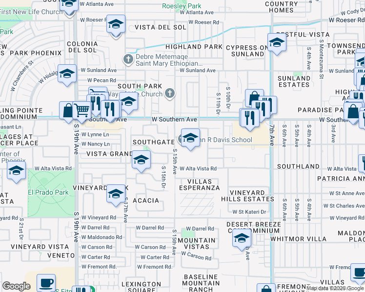 map of restaurants, bars, coffee shops, grocery stores, and more near 6209 South 15th Avenue in Phoenix