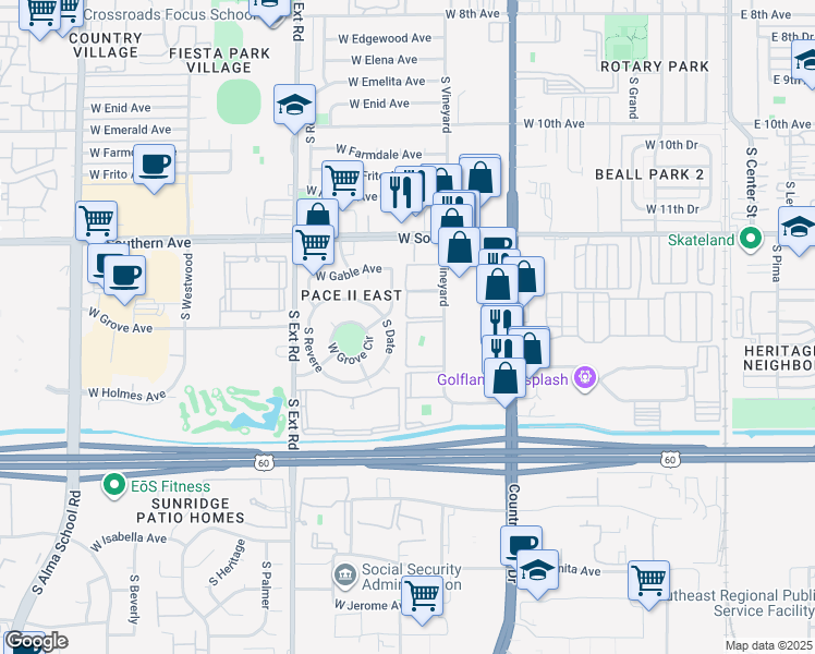 map of restaurants, bars, coffee shops, grocery stores, and more near 1362 South Vineyard in Mesa
