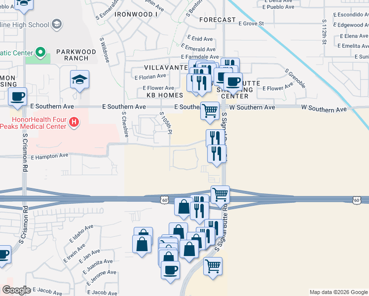 map of restaurants, bars, coffee shops, grocery stores, and more near East Hampton Avenue in Mesa