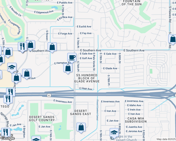 map of restaurants, bars, coffee shops, grocery stores, and more near 7725 East Hampton Avenue in Mesa