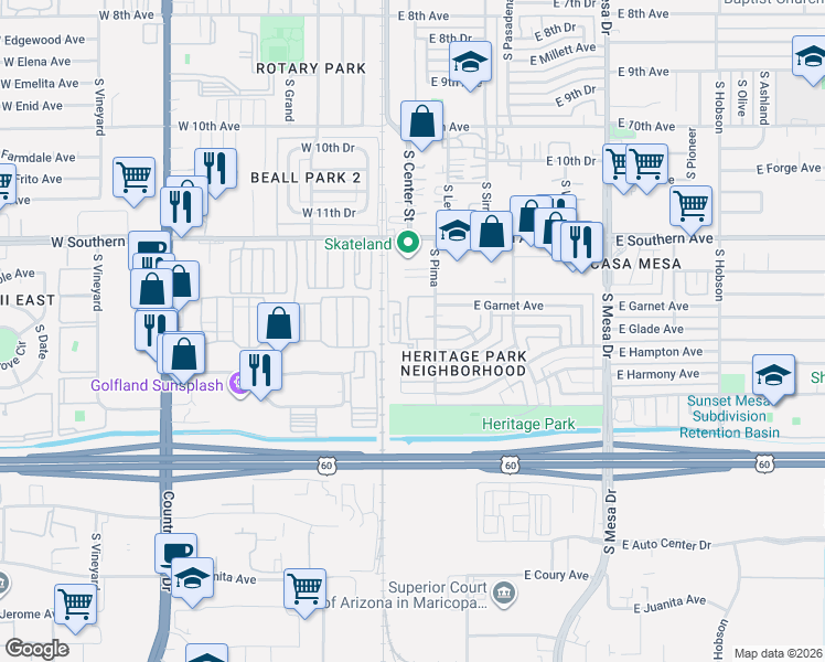 map of restaurants, bars, coffee shops, grocery stores, and more near 1410 South Hedge in Mesa