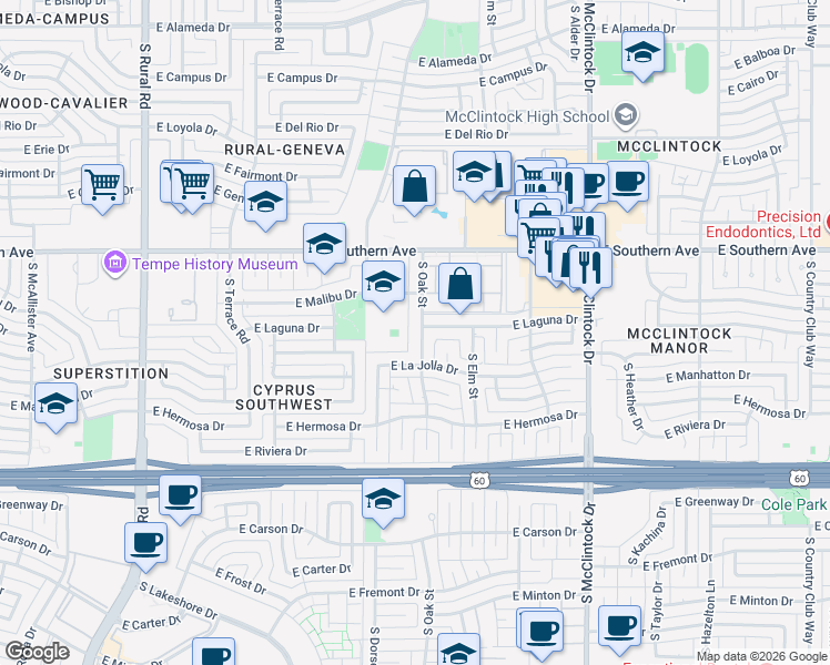 map of restaurants, bars, coffee shops, grocery stores, and more near 1324 East La Jolla Drive in Tempe