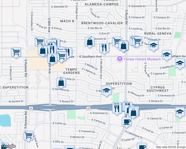 map of restaurants, bars, coffee shops, grocery stores, and more near 531 East Laguna Drive in Tempe