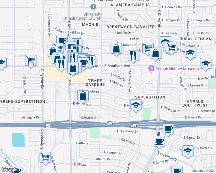 map of restaurants, bars, coffee shops, grocery stores, and more near in Tempe