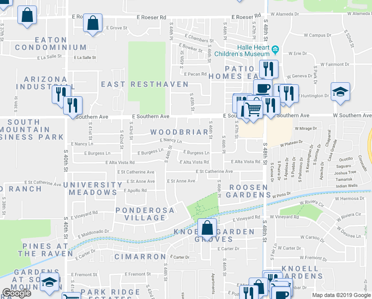 map of restaurants, bars, coffee shops, grocery stores, and more near 4429 East Burgess Lane in Phoenix