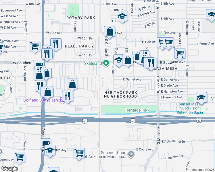 map of restaurants, bars, coffee shops, grocery stores, and more near 1410 South Hedge in Mesa