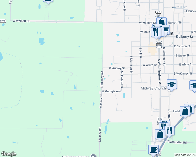 map of restaurants, bars, coffee shops, grocery stores, and more near 11975 Massey Road in Pilot Point