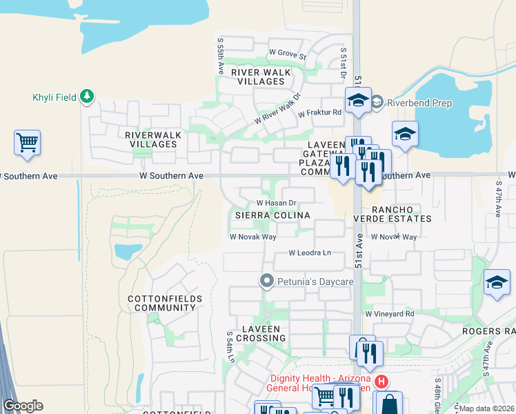 map of restaurants, bars, coffee shops, grocery stores, and more near 5407 West Hasan Drive in Phoenix