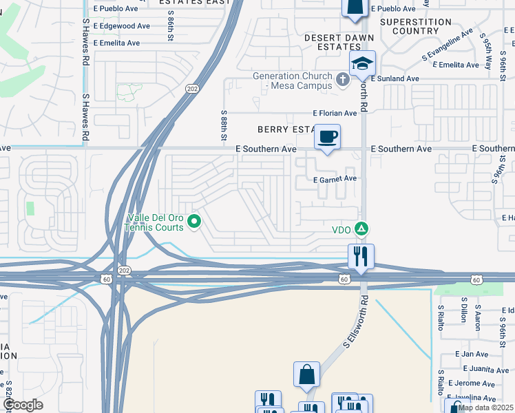 map of restaurants, bars, coffee shops, grocery stores, and more near 1452 South Ellsworth Road in Mesa