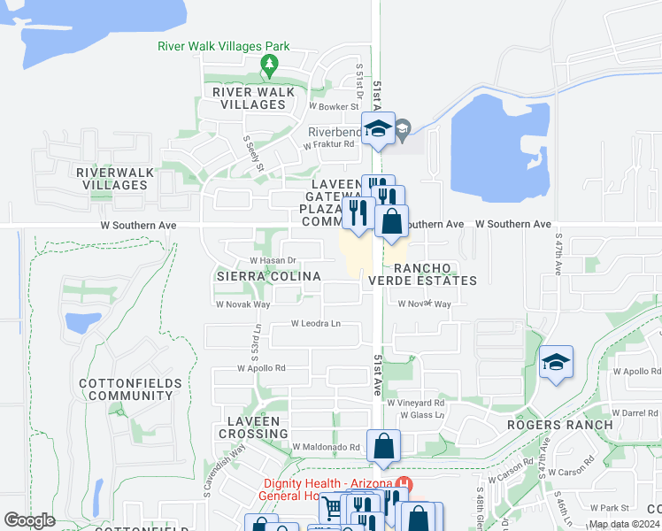map of restaurants, bars, coffee shops, grocery stores, and more near 5215 West Hasan Drive in Phoenix