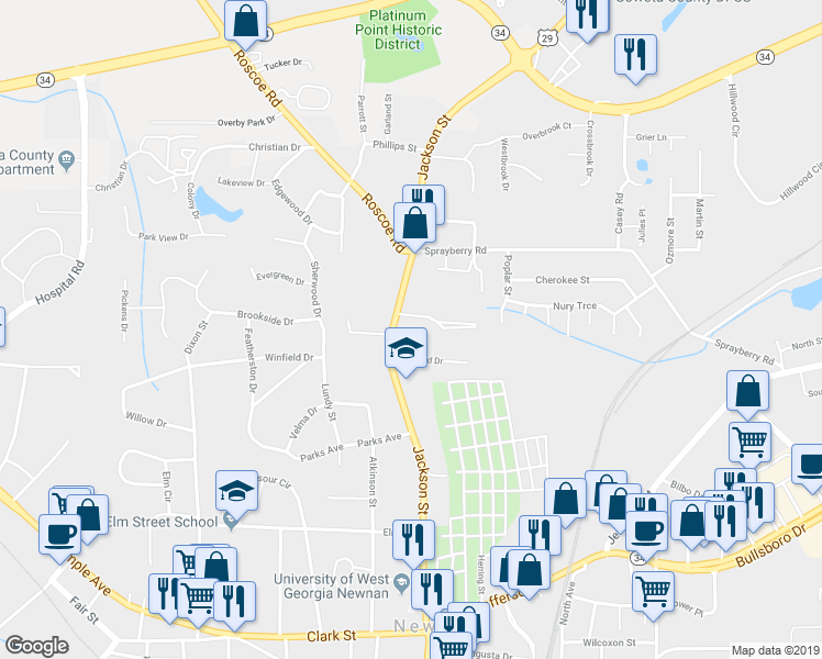map of restaurants, bars, coffee shops, grocery stores, and more near 8 Woodland Drive in Newnan