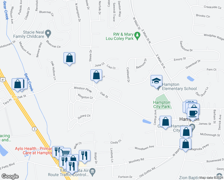 map of restaurants, bars, coffee shops, grocery stores, and more near 94 Hampton Oaks Drive in Hampton