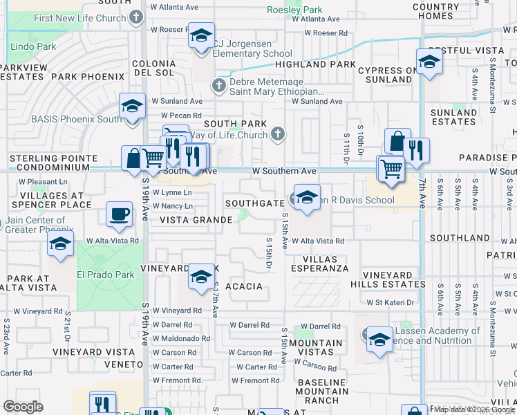 map of restaurants, bars, coffee shops, grocery stores, and more near 1532 West Burgess Lane in Phoenix