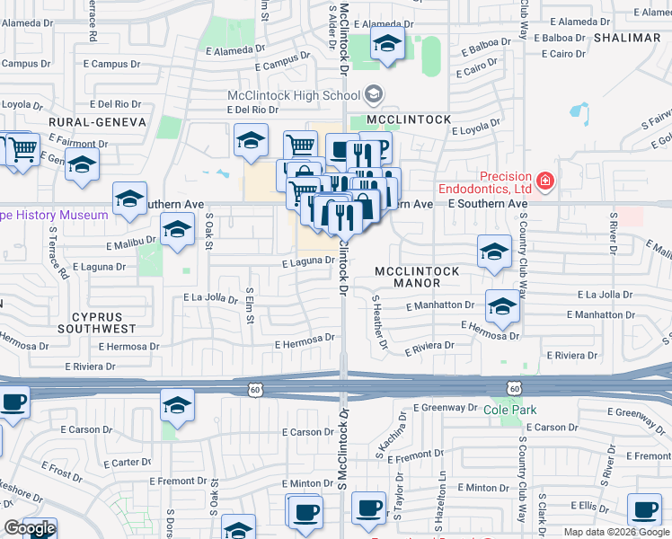 map of restaurants, bars, coffee shops, grocery stores, and more near 1802 East La Jolla Drive in Tempe