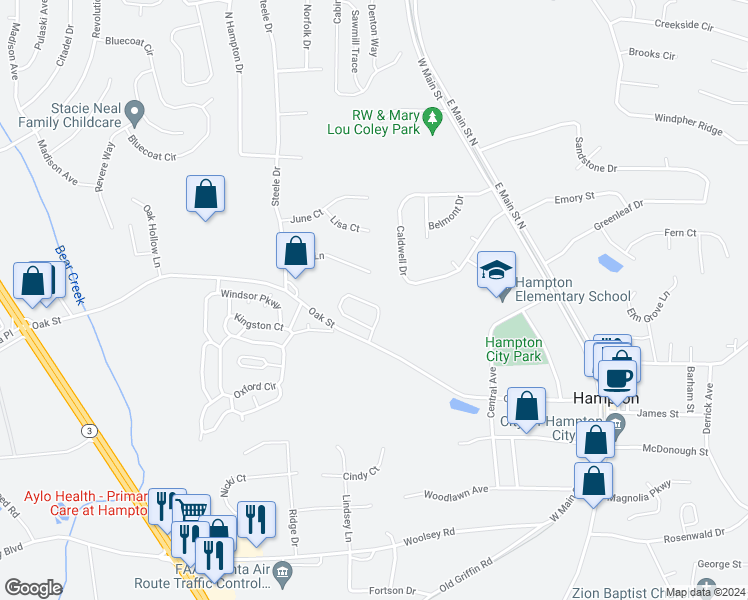 map of restaurants, bars, coffee shops, grocery stores, and more near 57 Hampton Oaks Drive in Hampton