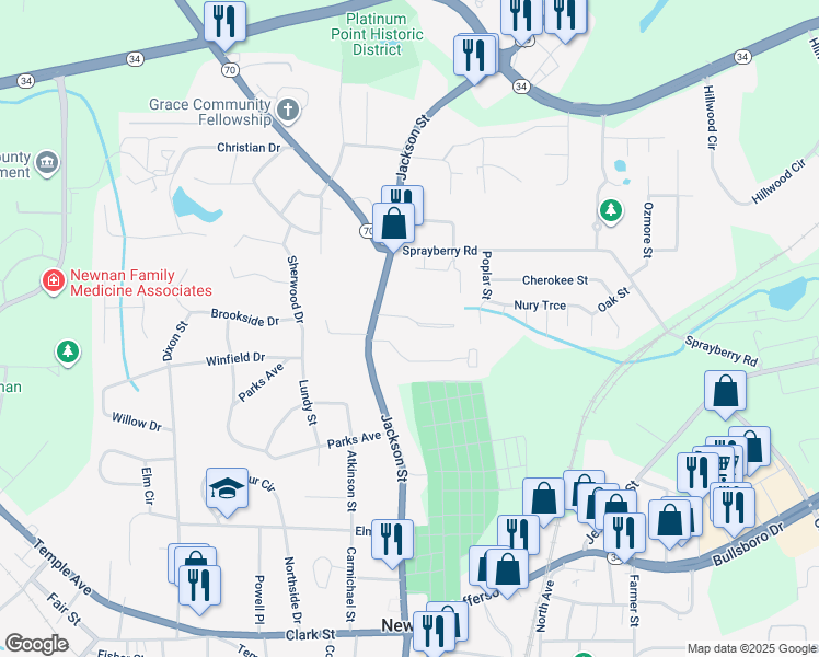 map of restaurants, bars, coffee shops, grocery stores, and more near 53 Newnan Estates Drive in Newnan