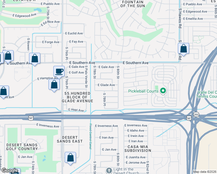map of restaurants, bars, coffee shops, grocery stores, and more near 7944 East Hampton Avenue in Mesa
