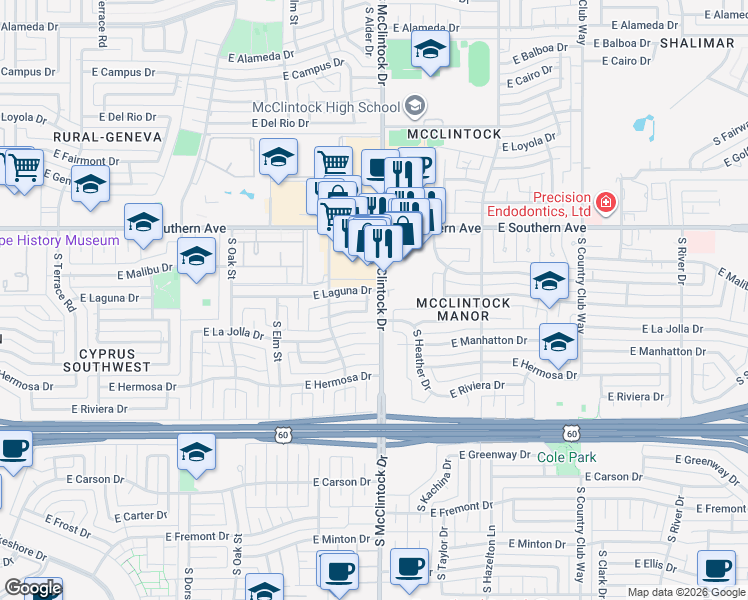 map of restaurants, bars, coffee shops, grocery stores, and more near 1802 East La Jolla Drive in Tempe