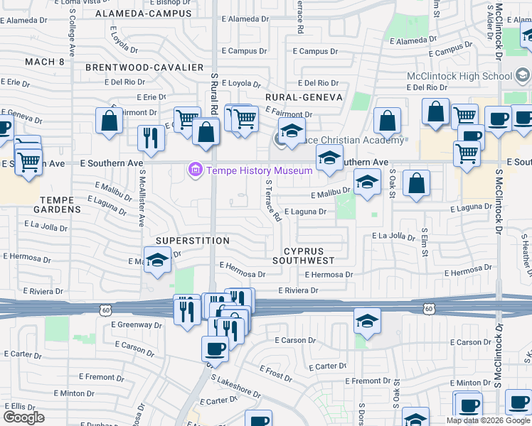 map of restaurants, bars, coffee shops, grocery stores, and more near 3506 South Terrace Road in Tempe