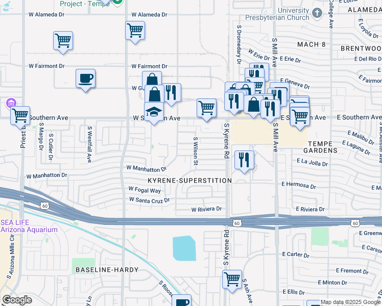 map of restaurants, bars, coffee shops, grocery stores, and more near 3706 South Wilson Street in Tempe