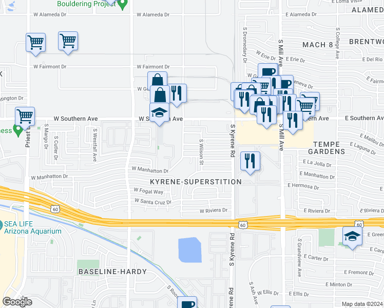 map of restaurants, bars, coffee shops, grocery stores, and more near 3706 South Wilson Street in Tempe