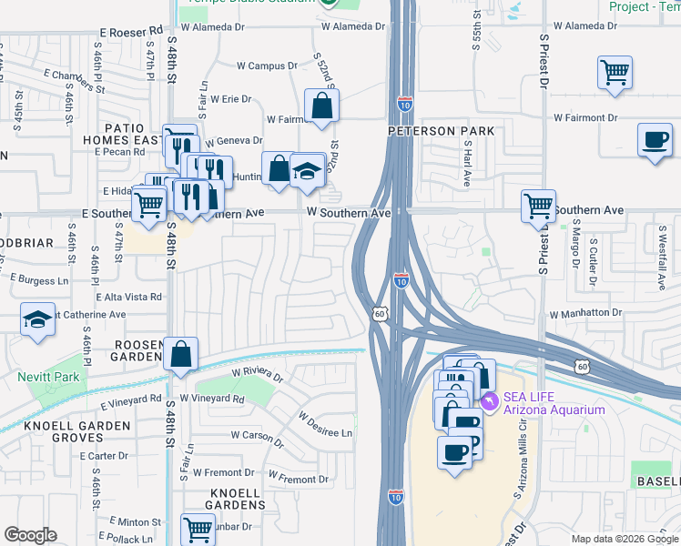 map of restaurants, bars, coffee shops, grocery stores, and more near S Coronado in Tempe
