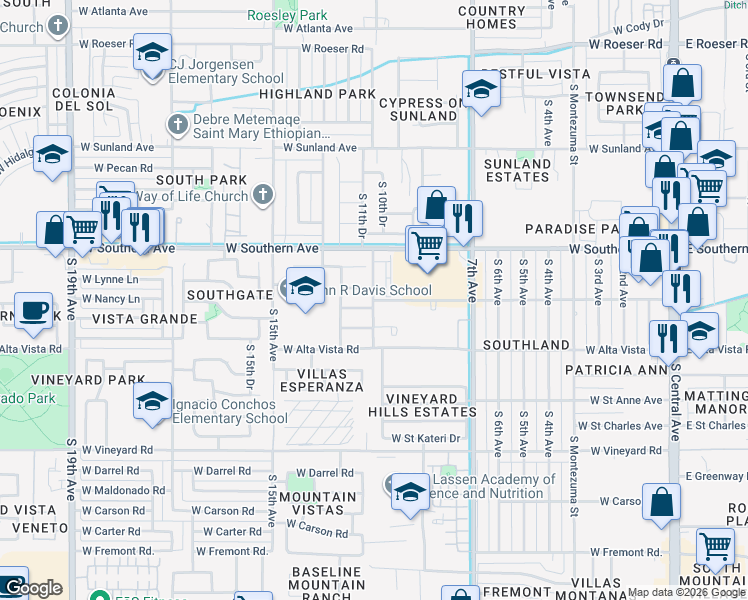 map of restaurants, bars, coffee shops, grocery stores, and more near 6055 South 11th Avenue in Phoenix