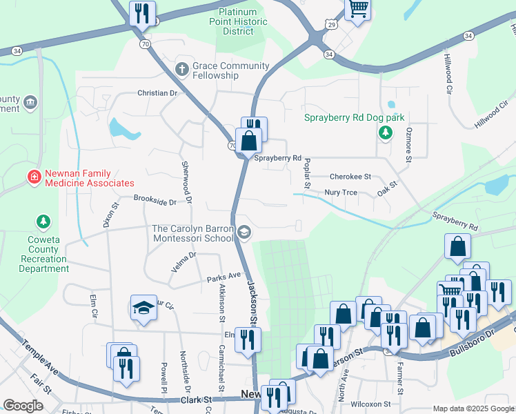 map of restaurants, bars, coffee shops, grocery stores, and more near 53 Newnan Estates Drive in Newnan