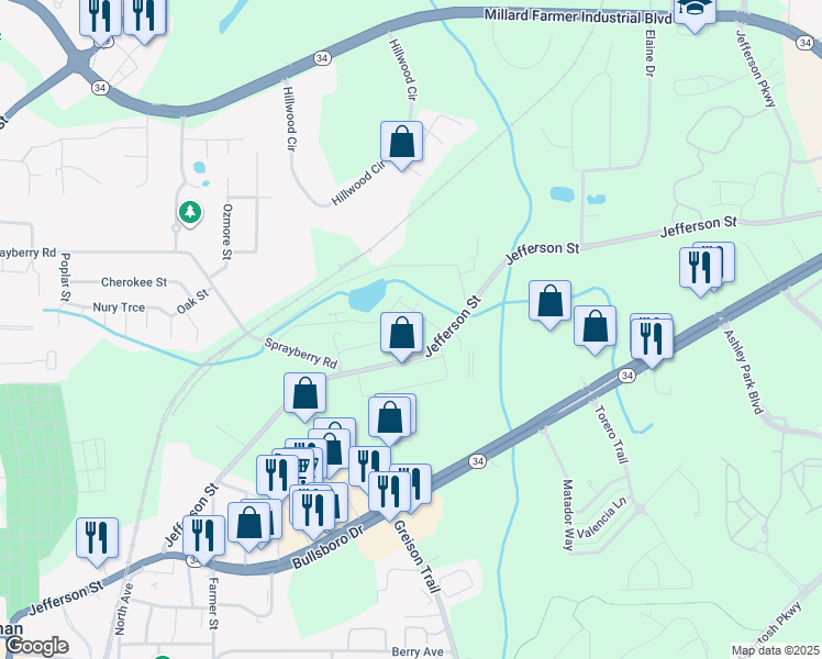 map of restaurants, bars, coffee shops, grocery stores, and more near 338 Jefferson Street in Newnan