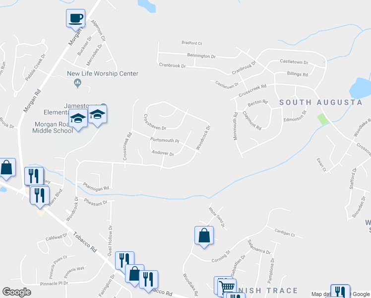 map of restaurants, bars, coffee shops, grocery stores, and more near 2626 Portsmouth Place in Hephzibah