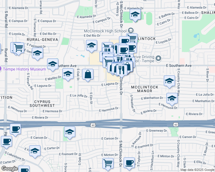 map of restaurants, bars, coffee shops, grocery stores, and more near 1724 East Pebble Beach Drive in Tempe