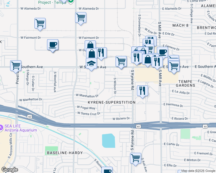 map of restaurants, bars, coffee shops, grocery stores, and more near 633 West Southern Avenue in Tempe
