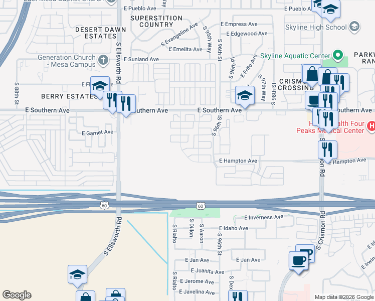 map of restaurants, bars, coffee shops, grocery stores, and more near 1330 South Aaron in Mesa