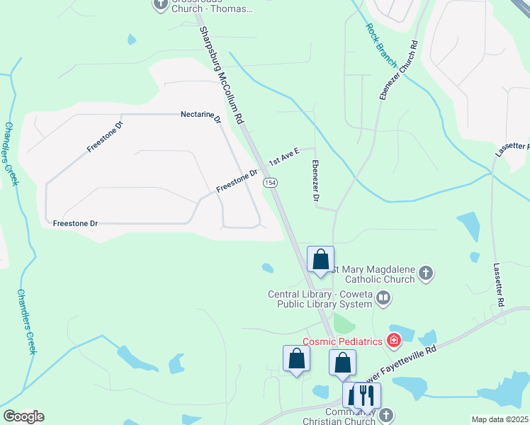 map of restaurants, bars, coffee shops, grocery stores, and more near 50 Clingstone Circle in Newnan