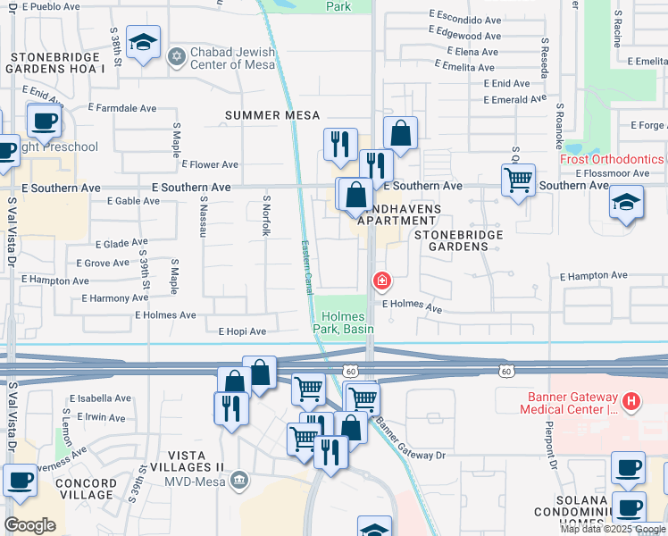 map of restaurants, bars, coffee shops, grocery stores, and more near 1350 South Greenfield Road in Mesa